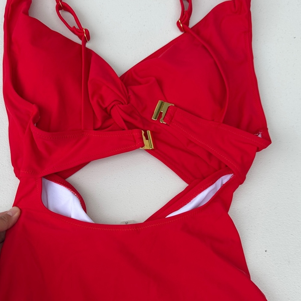 Red Twist-Cut One-Piece Swimsuit with Midriff Cutout - Picture 3 of 5